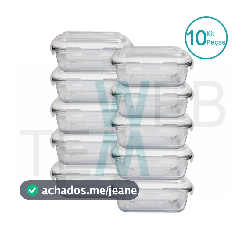 Kit 10 Potes Herméticos Marmita de Vidro Retangular 640ml Tampa BPA Free: Organização, Sustentabilidade e Praticidade para sua Cozinha e Frescor para Alimentos