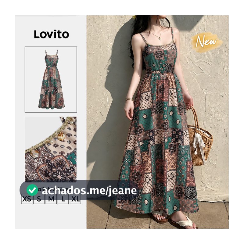 (New Arrival) Lovito Vestido Feminino Longo Linha a Com Estampa Tribal Boho E Trança Primavera/verão Férias DRB205P2D057