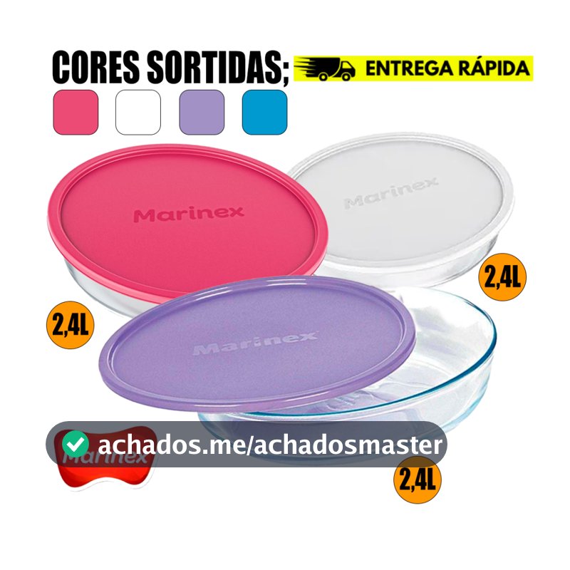 Kit Jogo de Assadeiras de Vidro Anti Risco 2,4L Marinex 02 Tigelas Redondas cTampa Colorida Receitas
