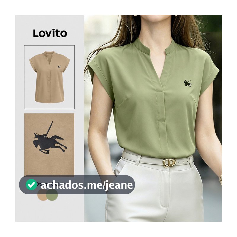 Lovito Blusa Elegante com Padrão Superior Casual e Simples para Cor Caqui para mulheres L199ED241