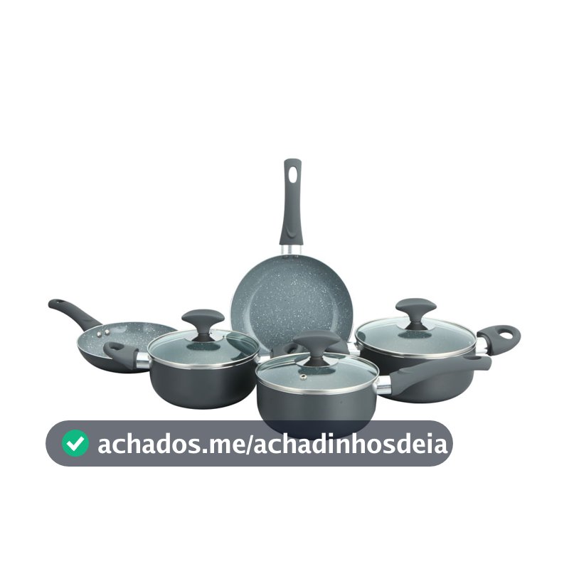 Conjunto 5 Panelas Cerâmica Cazza Tampa de Vidro Cinza