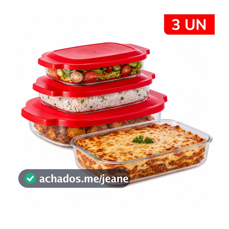 Kit 3 Travessas de Vidro Retangular  2000/2700/3800ml Assadeira Forno C/ Tampa Diamond