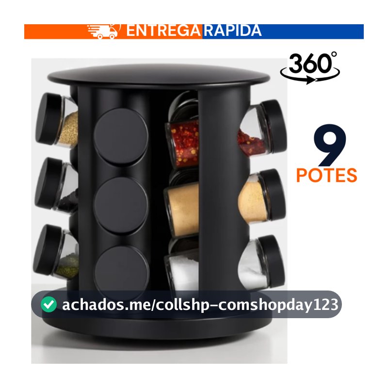 Porta Temperos Giratório 9 Potes Profissional Vidro Tampa Dosadora Preto Condimento Premium PROMOÇÃO