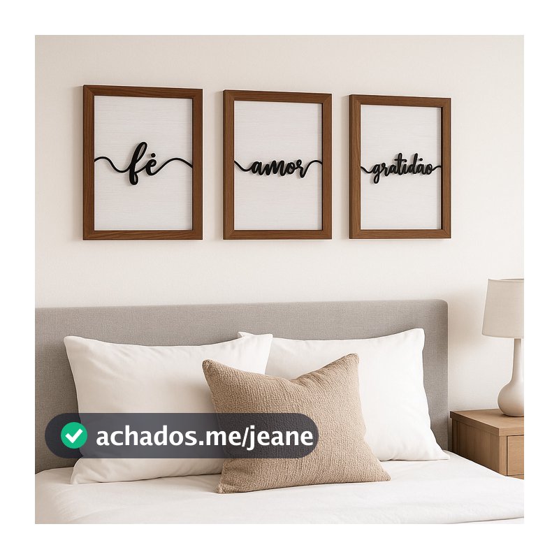 Kit com 3 Quadros MDF com moldura cor Mogno com Palavras Fé Amor Gratidão Decorativas