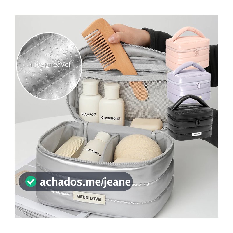 Necessaire Puffer de Viagem Acolchoado Bolsa de Maquiagem Metalizada