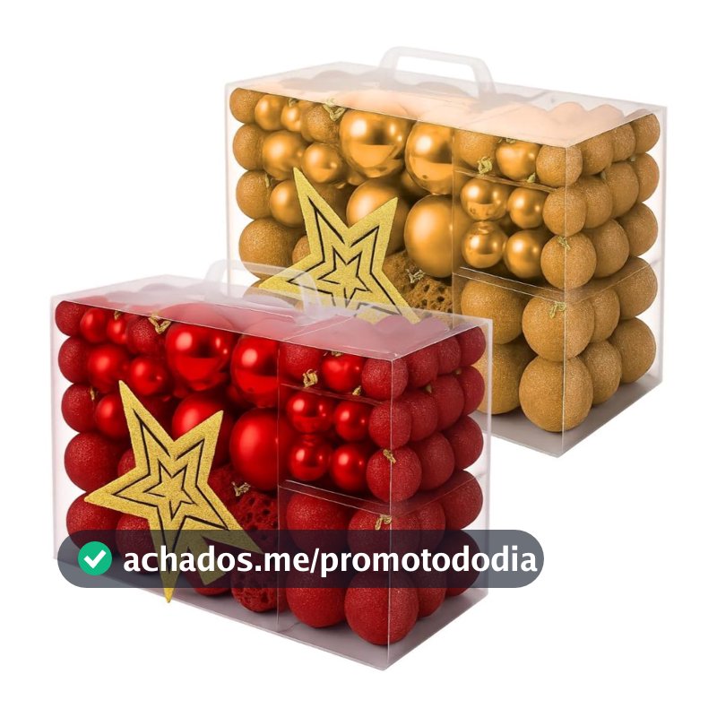 Kit de 100 Bolas de Natal Tamanho Variado Conjunto Decoração para Árvore com Glitter Fosca Com Estrela