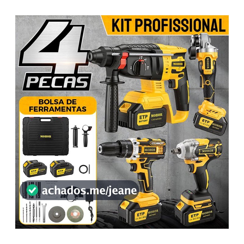 Kit Profissional 4 em 1 Sem Fio Furadeira Chave de Impacto Esmerilhadeira Parafusadeira Completo Maleta