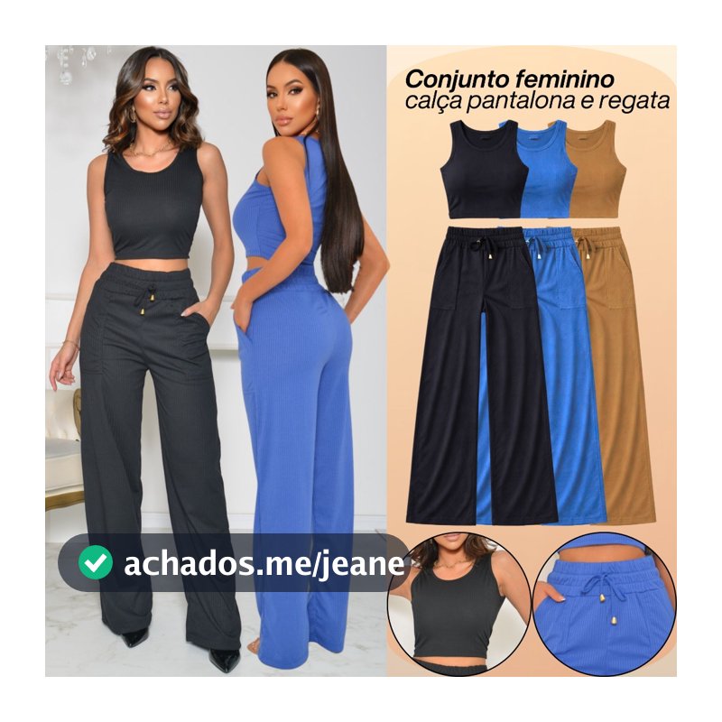 Conjunto Feminino Calça e Blusa Pantalona Regata Canelada Cintura Alta Moda Verão