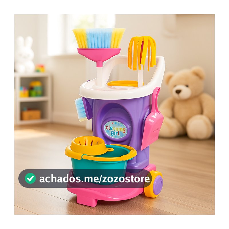 Carrinho Limpeza Infantil Rosa Brinquedo Menina Kit Faxina Completo Vassoura Rodo Balde Mop Casinha