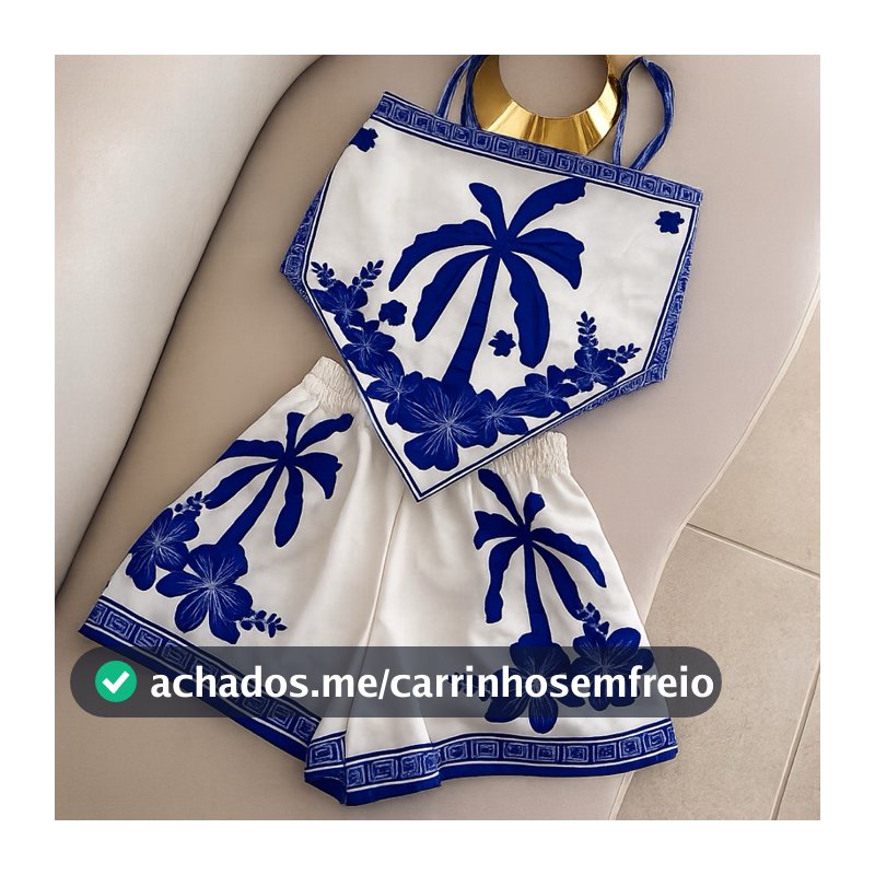 conjunto feminino lenço duas peça Cropped com short, look verão estampa tropical, conjuntos estampa localizada, cropped