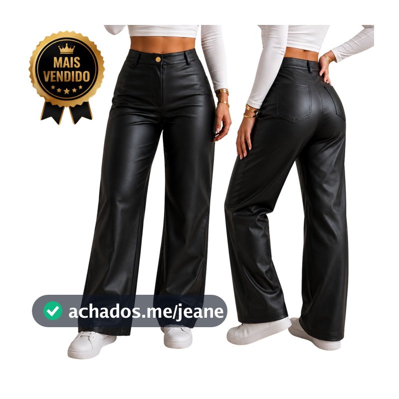 Calça Feminina Wide Leg Pantalona Cintura Alta Preta Couro Ecológico Premium