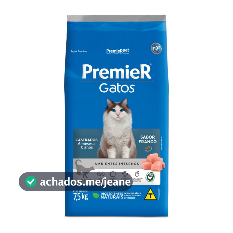 Ração Premier Gatos Castrados de 6 Meses á 6 Anos Frango 7,5kg