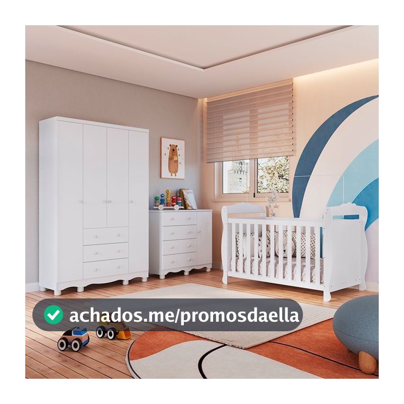 Quarto de Bebê Completo Berço 3 em 1, Cômoda e Guarda Roupa 100% MDF Nina Espresso Móveis Branco Branco Brilho