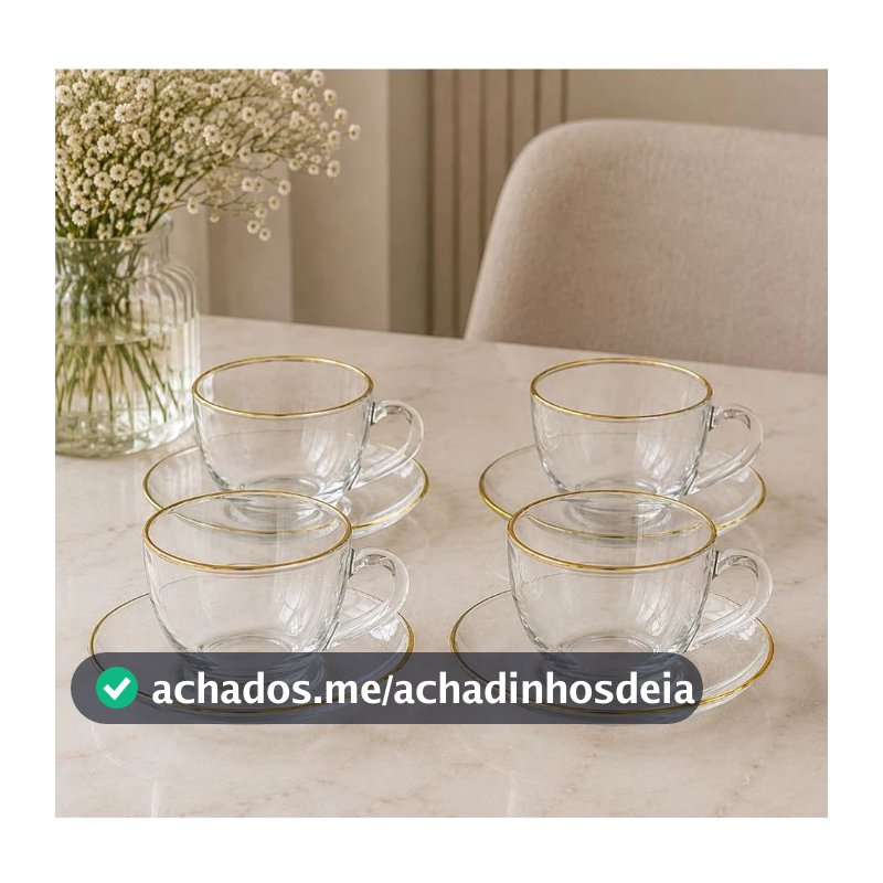 Jogo de Xicaras com 8 Peças 90ml Borda Dourada Elegante para Chá e Café