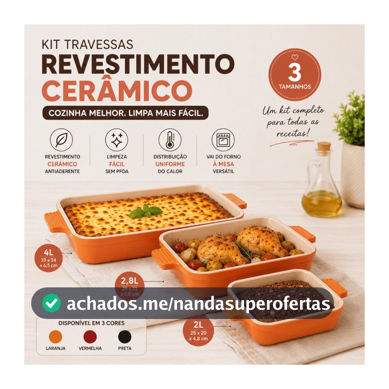 Kit 3 Formas Retangulares 2L 2,8L 4L Revestimento Cerâmico p/ Forno Travessa Lasanha Assados Oferta!