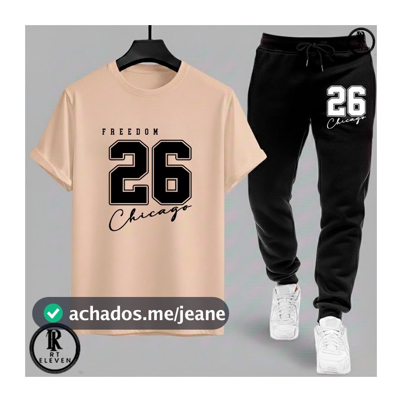 Kit Conjunto Chicago Camiseta e Calça moletom  Moda masculina camiseta casual Malha Algodão + calça Moletom Com bolso