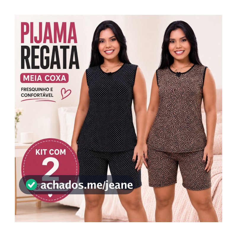 Kit 2 Pijamas Feminino Regata Meia Coxa Malha Fria Liganete Roupa de Dormir Estampado Senhora