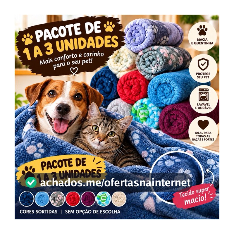 PACOTE 1 Á 3  Mantas Pet Soft Cachorro e Gato 80x60 Cobertor Fleece Macio Lavável