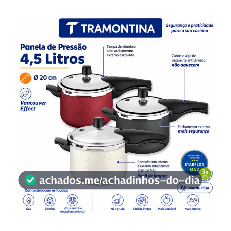 Panela de Pressão Tramontina 4,5  e 6,0 Litros com Fechamento Externo Antiaderente Starflon Max Vancouver