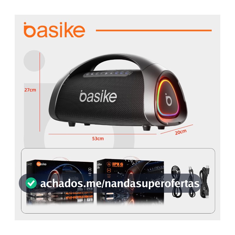 Basike Caixa de Som 300W Bluetooth V5.3 lPX6 com 30000mah Power Bank