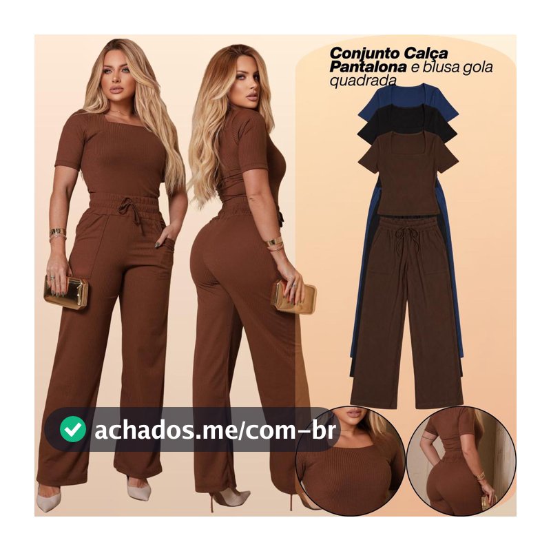 Conjunto Feminino Calça Pantalona e Blusa Gola Quadrada Inverno Frio