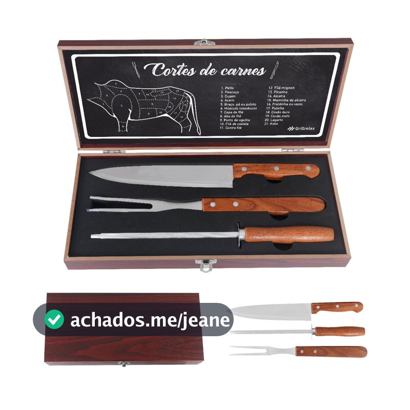 Kit Churrasco 4 Peças Aço Inox e Caixa de Madeira Garfo Faca e Amolador Grillrelax