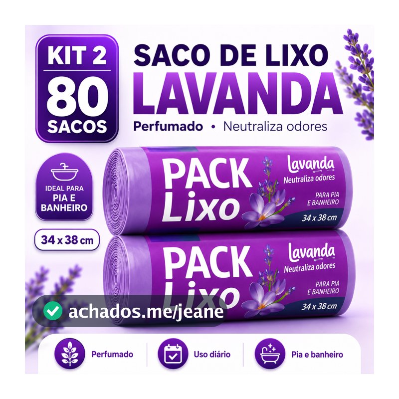 Saco Lixo Perfumado Lavanda Kit 80 Sacos 34x38Cm Pia Banheiro Anti Odor Reforcado