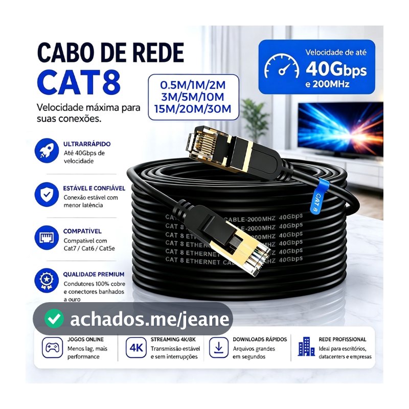 Cabo Ethernet Cat8 50CM,1M,2M,3M,5M,10M,15M,20M,30M 40Gbps 2000MHz SFTP RJ45 Blindado para PC Gamer