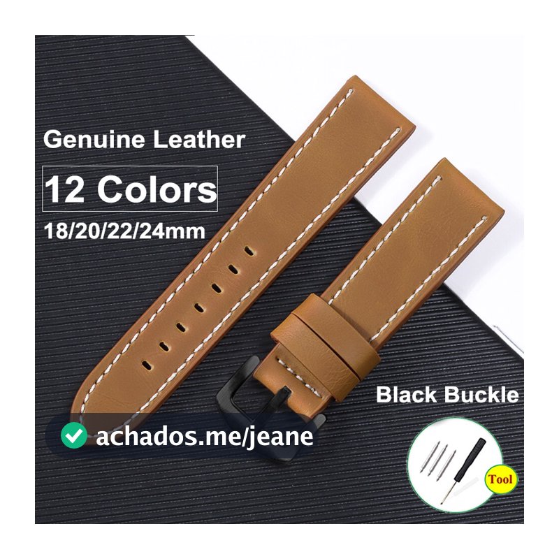 Pulseira De Couro Genuíno Fivela Preta 18mm 20mm 22mm 24mm Relógio Vintage Bovino Acessórios