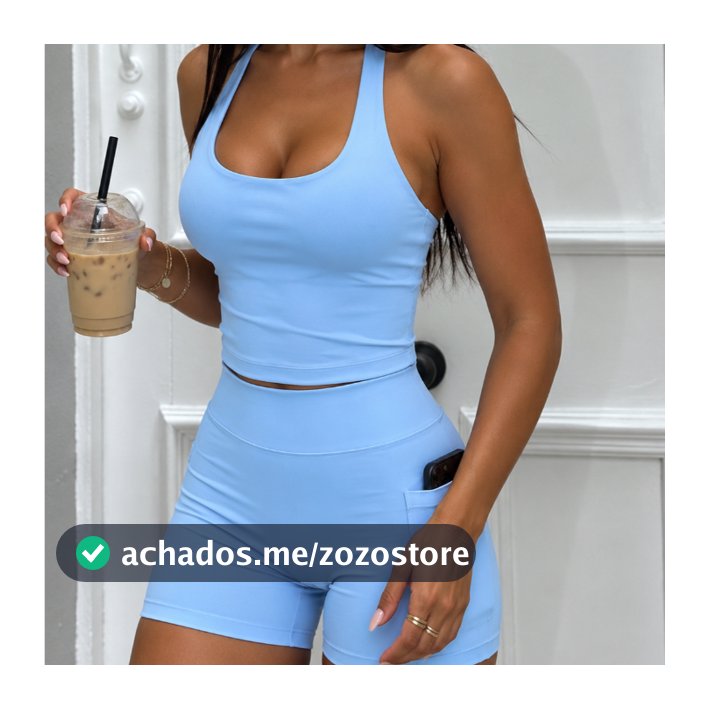 Conjunto Fitness Feminino Yoga Top Frente Única + Shorts Modelador Cintura Alta com Bolso Fit Power P ao GG academia