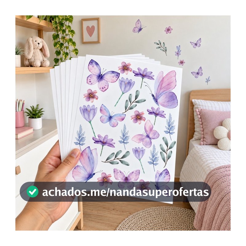 Adesivo De Parede Decorativo Borboletas Floral Raminhos Flores Lilás Quarto Sala Infantil Feminino