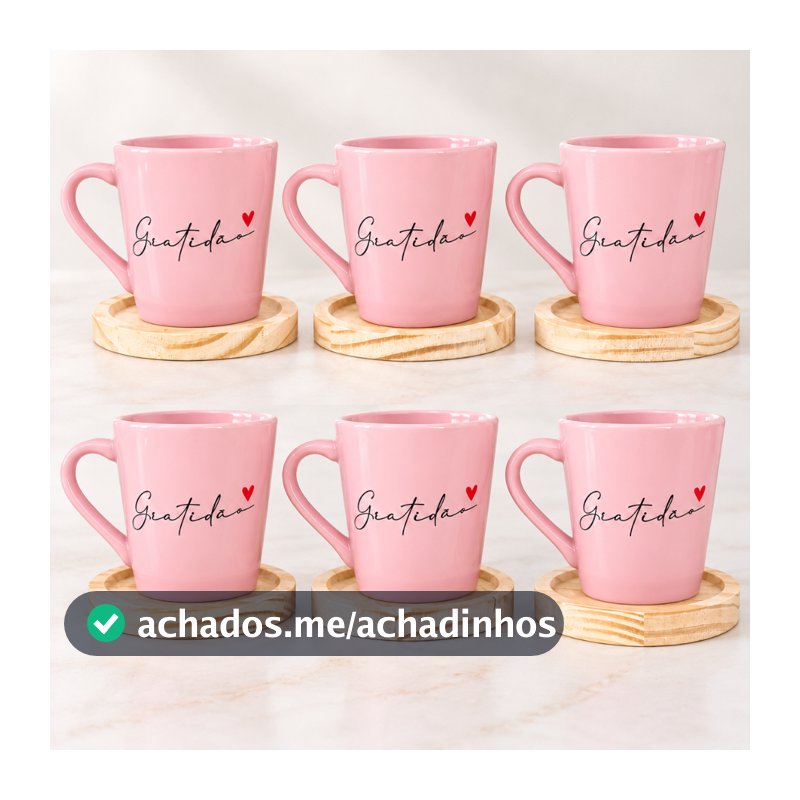 Kit 6 Xicaras / Canecas Porcelana Rosa 120ml C/ Pires De Madeira Redondo Gratidão Spot