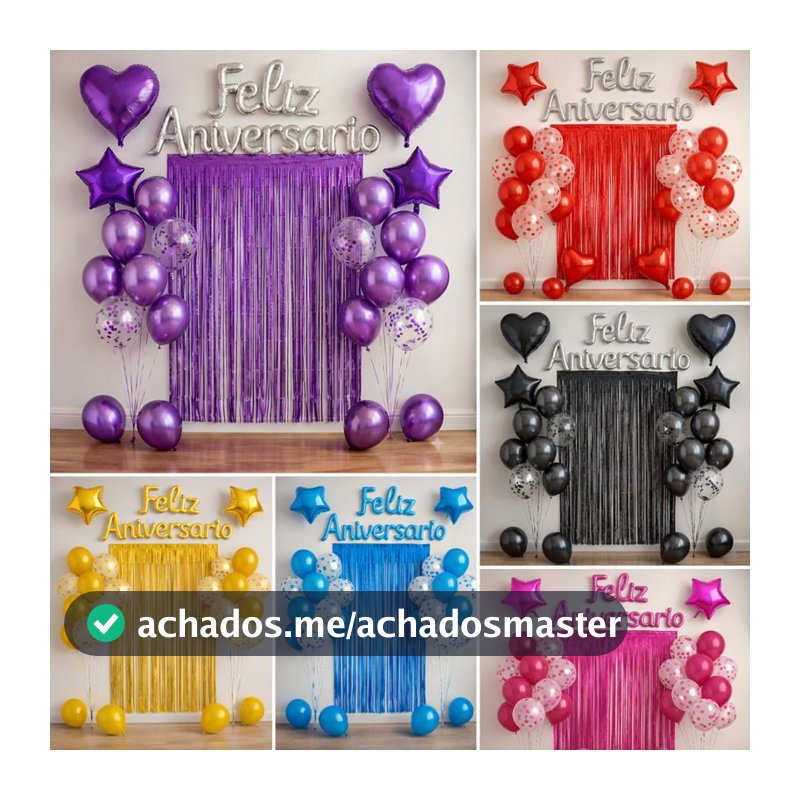Kit Balão Metalizado Cortina Bexiga Feliz Aniversário Decoração de Festa Completa