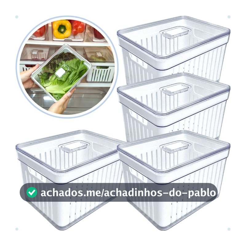 Kits Organizadores De Geladeira Clear Com Tampa E Cesto Drenagem