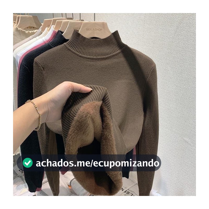 Mulheres Outono Inverno Camisola Grossa Quente Manga Longa Sólida De Malha Veludo Meia Gola Alta Pulôver Suéteres