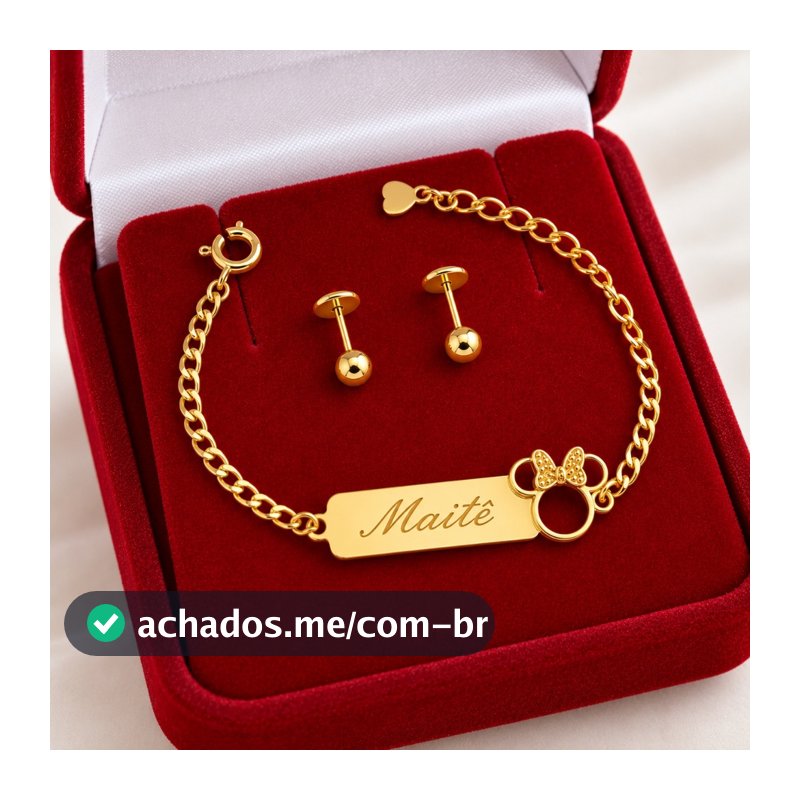 Kit Pulseira Nome + Brinco Infantil Antialergico Folheado a Ouro 18k