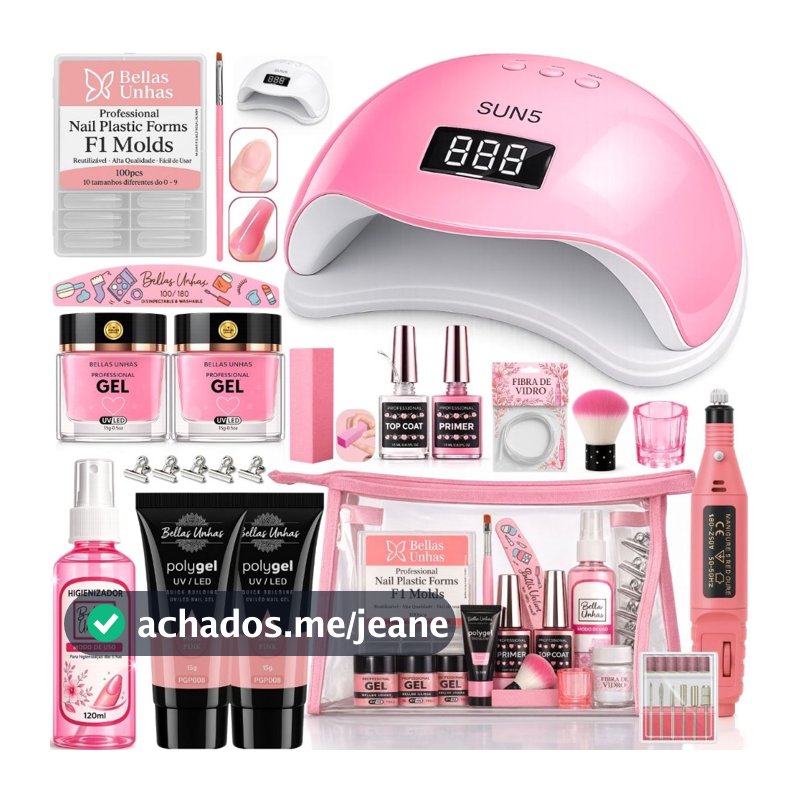 Kit de Alongamento de Unhas em Gel Polygel e Fibra 3 em 1 Completo Profissional & Iniciante Cabine Sun Lixadeira