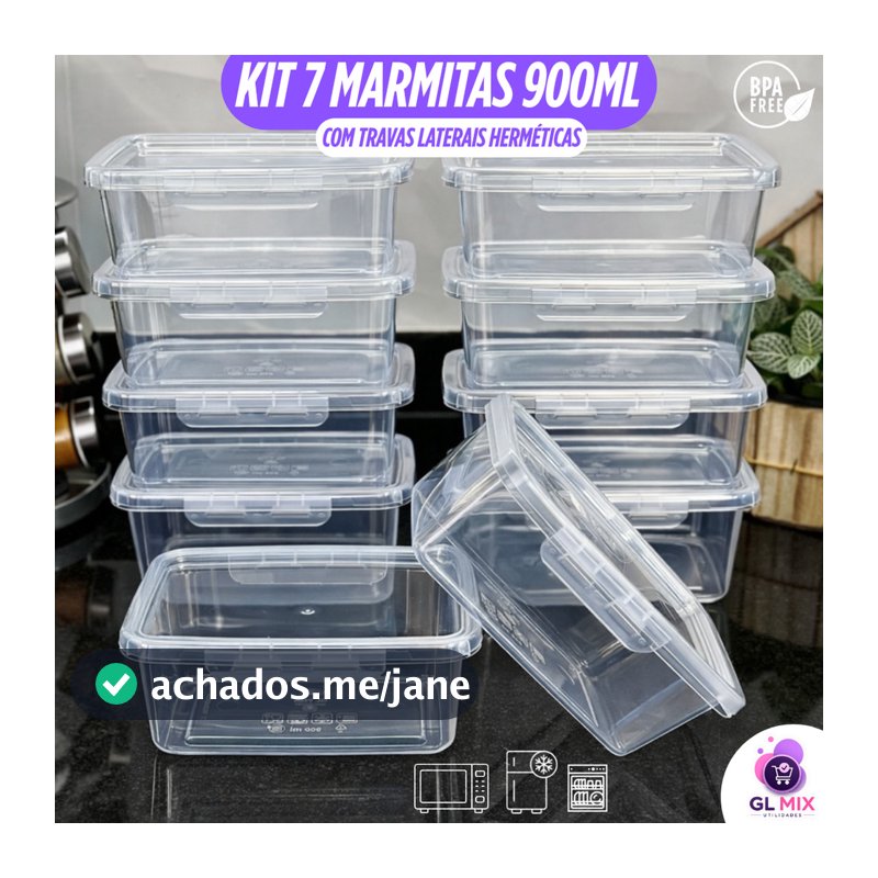 Kit 7 Marmitas 900ml Travas Laterais Herméticas Reutilizáveis - BPA FREE para Alimentos e Congelador