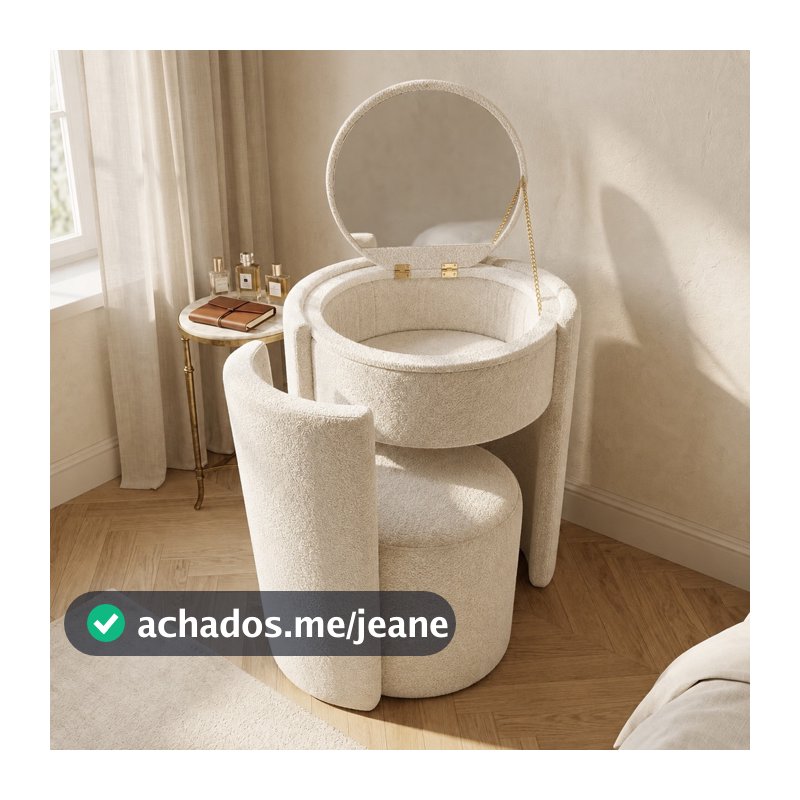 Puff Poltrona Penteadeira Luxo com Espelho e Organizador de Maquiagem – Banco Decorativo Moderno para Quarto e Closet