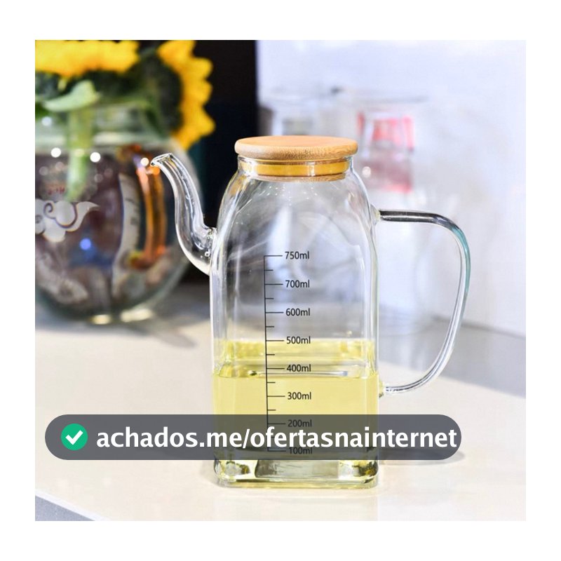 Galheteiro De Vidro 750ml Com Bico Para Azeite Vinagre Tampa De Bambu Quadrado