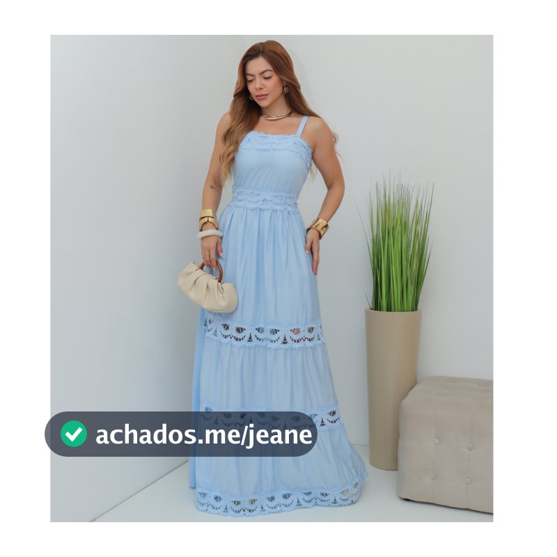 Vestido Longo Feminino de Alça com Renda Guipir Cintura Marcada Elegante Verão SD4207