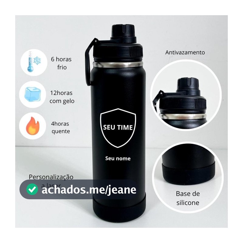Garrafa Térmica Personalizada Time Preta 800ML Nome Inox Parede Dupla Bebida Academia
