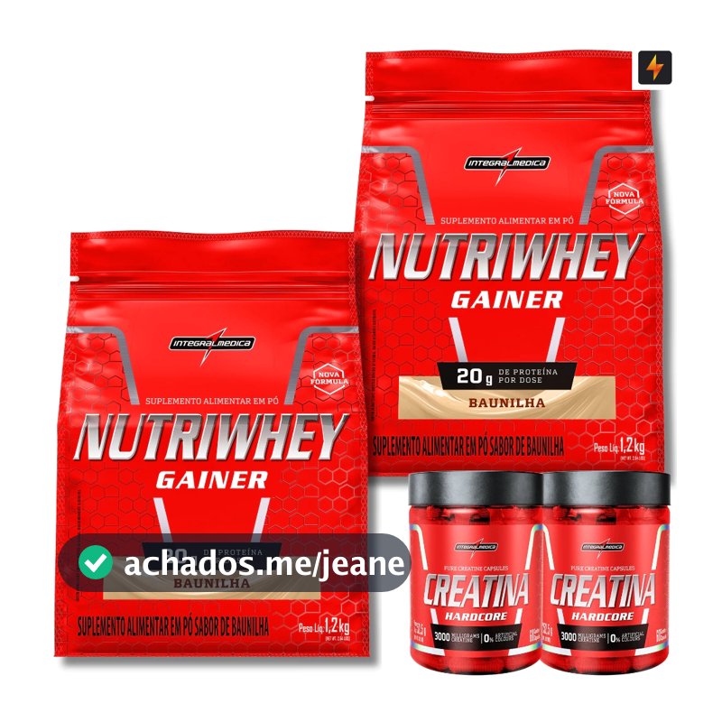 Kit 2x Nutri Whey Gainer Protein Refil 1,2kg + 2x Creatina Pura Hardcore 60 Cápsulas Integralmedica