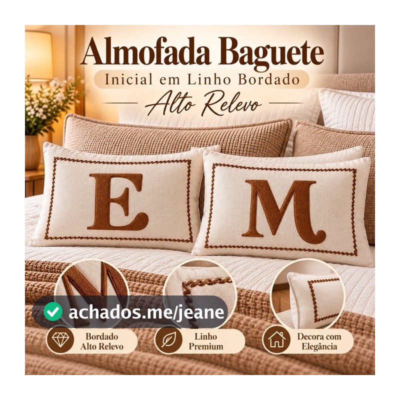 Almofada Baguete Inicial Letras A-Z Em Linho Bordada Alto Relevo - 33cm x 50cm Linho - Letra Personalizada Sala e Quarto