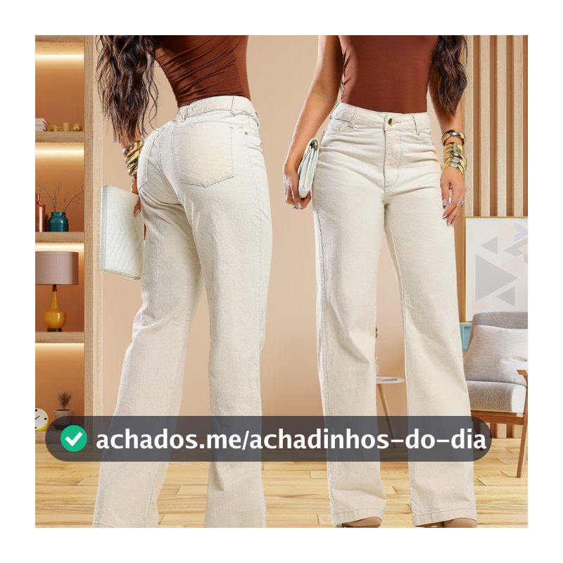 Calça Feminina Wide Leg Areia Delicada 100% algodão Cintura Alta Levanta Bumbum Perfeita