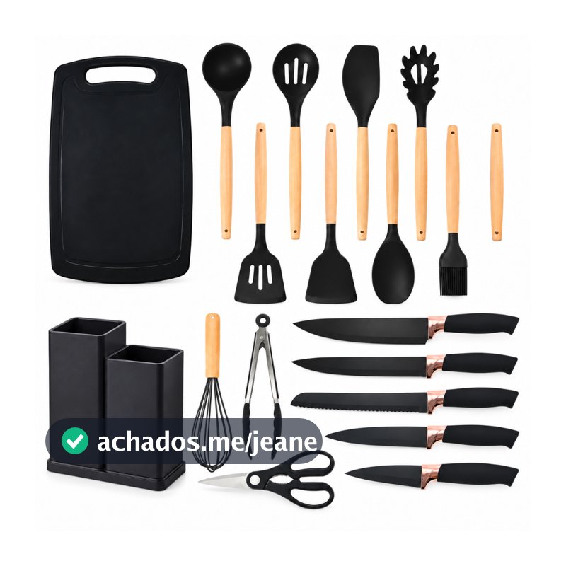 Kit Conjunto De 19 Peças Utensílios Cozinha Silicone Tabua Cor Preto