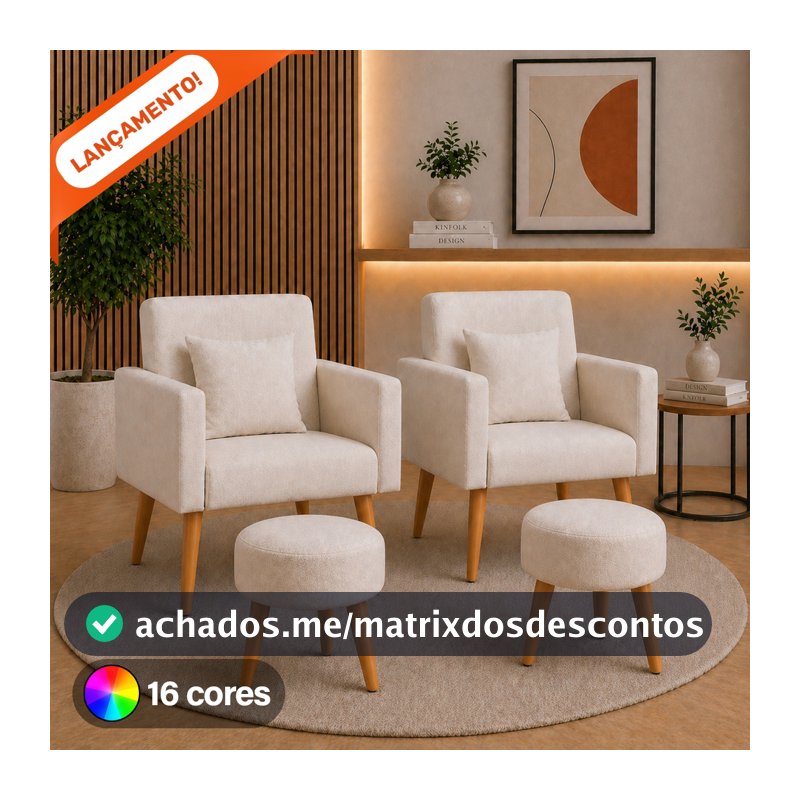 Kit 2 Poltronas Sala Nina Almofadas e 2 Puff Redondo Suede