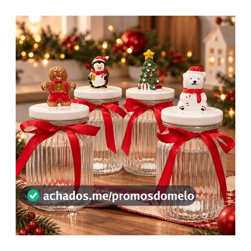 Potes de Vidro Natalinos 950mL Porta Biscoitos Doces Bomboniere Decoração de Natal com Tampa Decorada