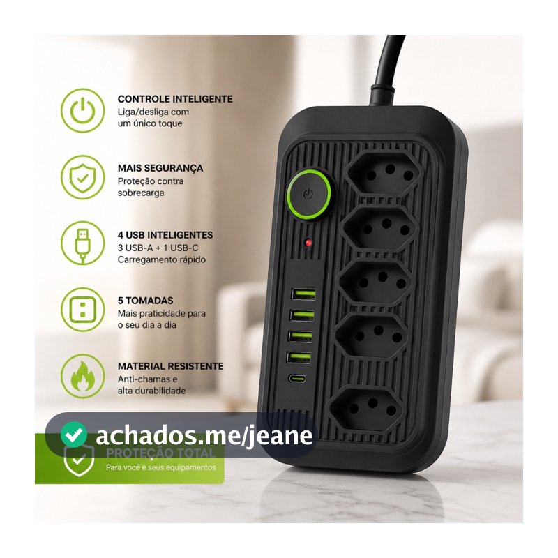 Extensão Inteligente 5 Tomadas + 4 USB + USB-C – Mais Energia e Organização Orbitta