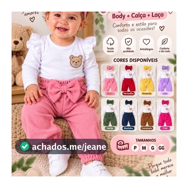 Conjunto bebê menina Body+calça+laço Ursinha